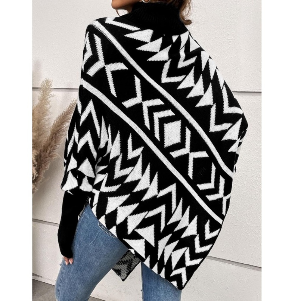 🌹🆕 Turtleneck sweater shawl poncho Black and White Geometric Sweater small - Picture 3 of 7